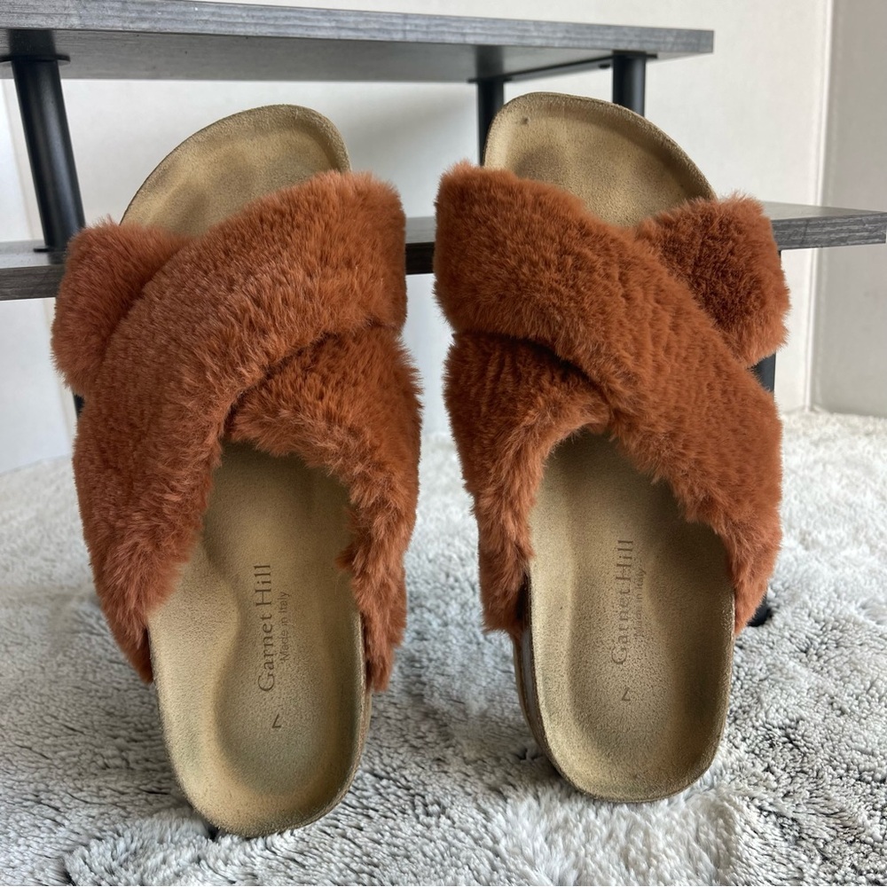 Garnet Hill Women's Rust Faux-Fur Slide Sandals Size 7